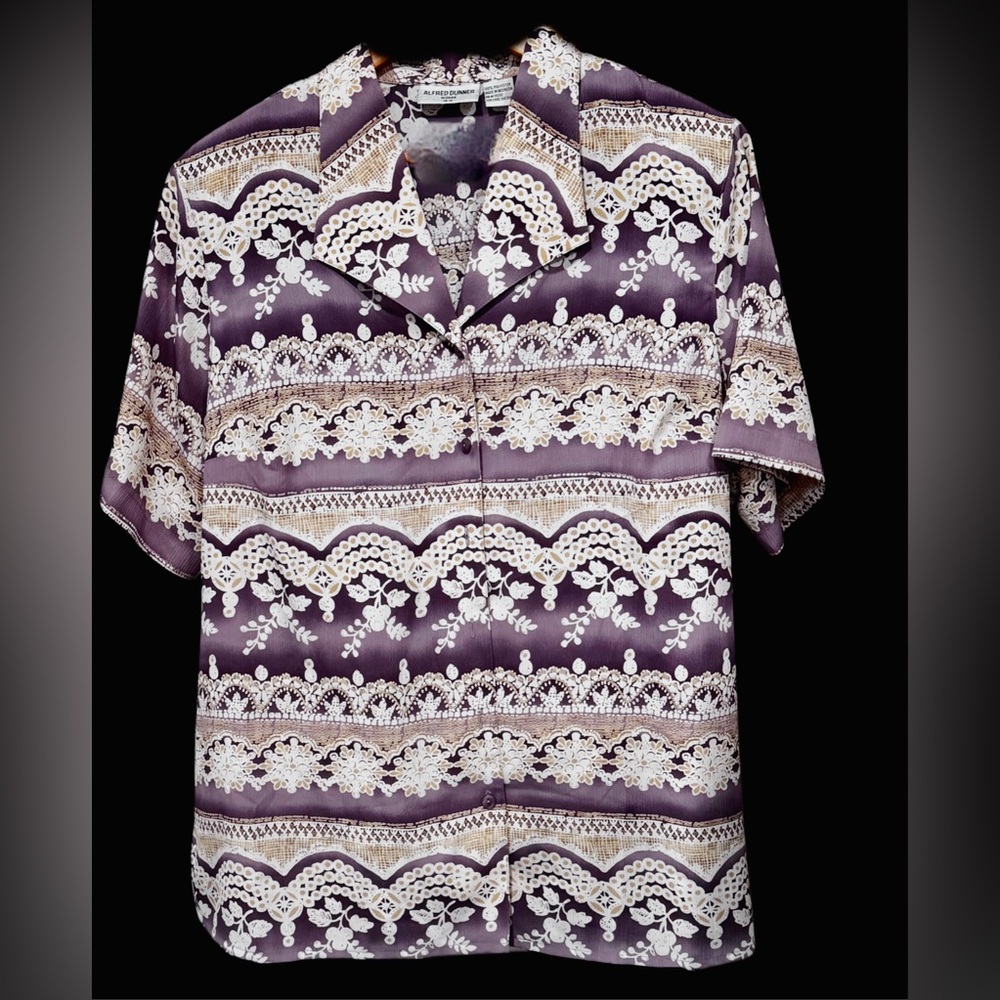 Alfred Dunner Purple and Cream Lace Pattern Shirt